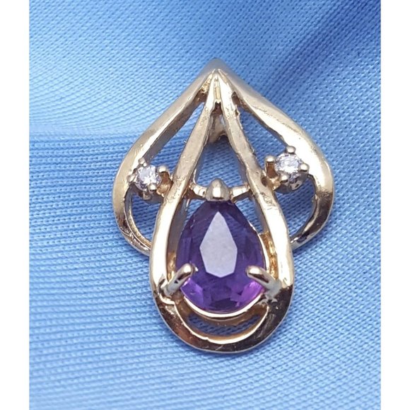 Beautiful 14K Karat Solid Yellow Gold Amethyst & Diamond Drop Charm Pendant